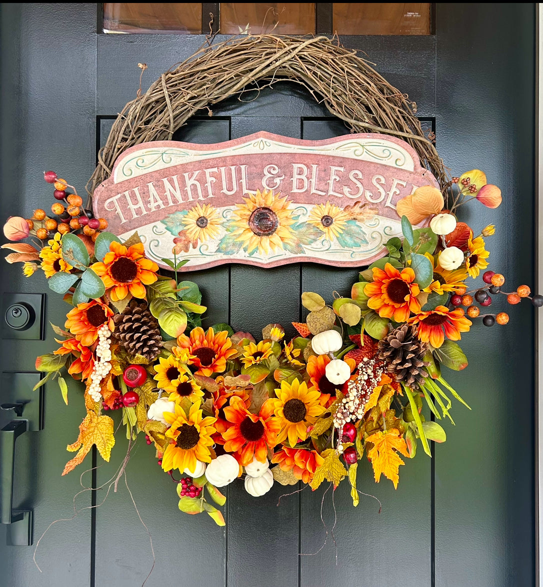 Thankful & Blessed Sunflower 24 inch Grapevine Wreath