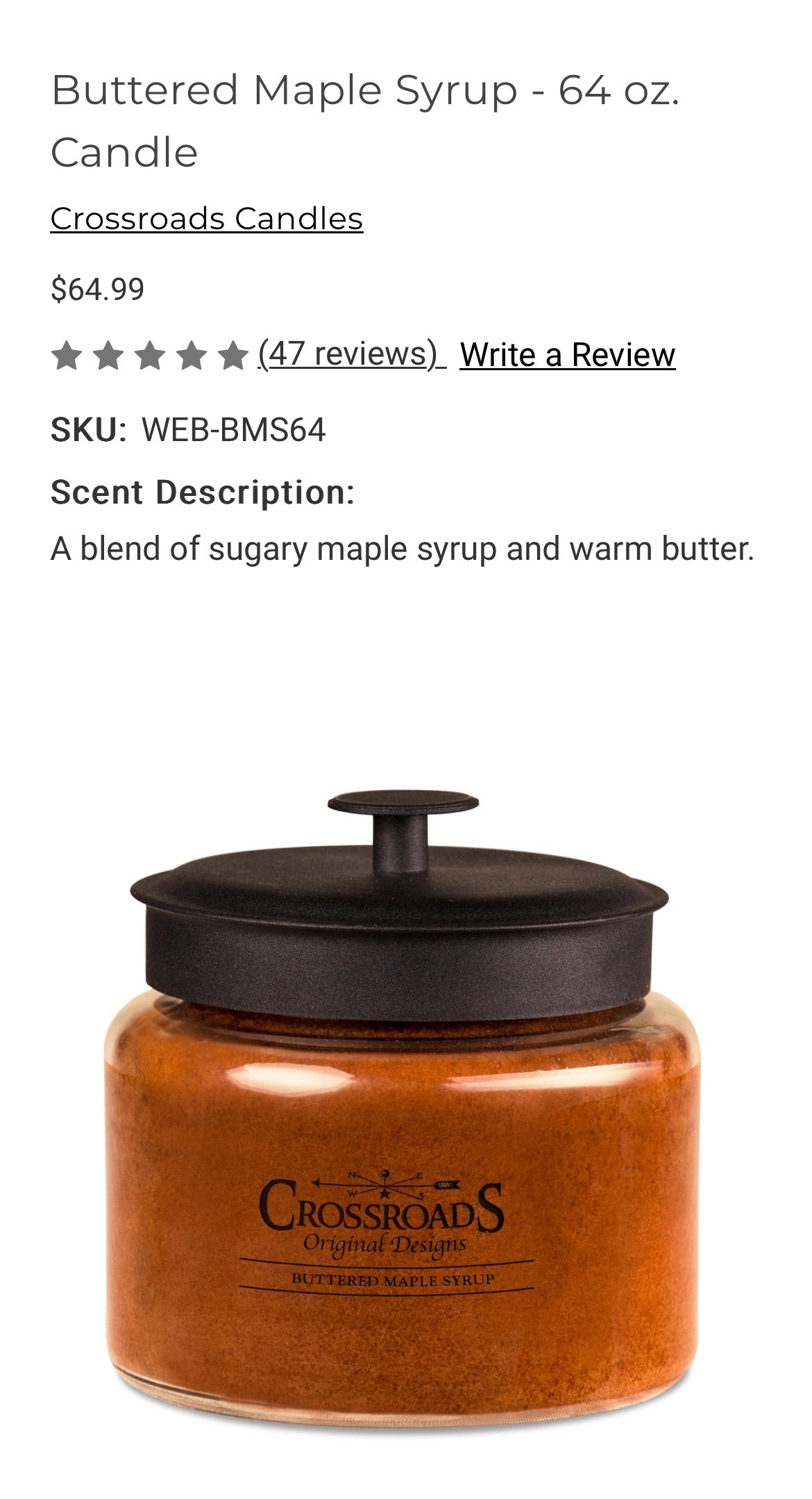 Crossroads  64 oz Butter Maple Syrup Candle